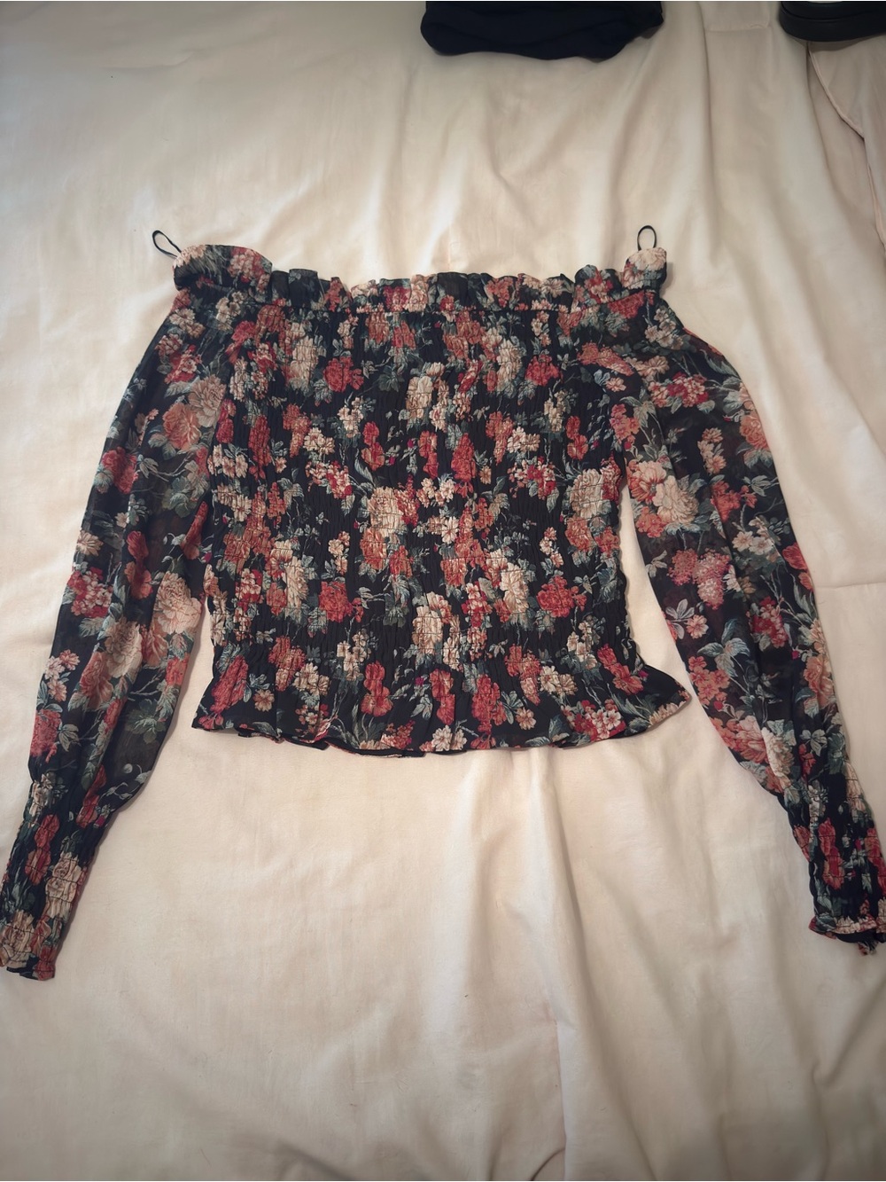 Express Black Off-Shoulder Floral Blouse with Red & Cream Blooms